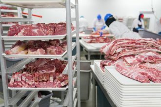 Trabalhadores manuseiam cortes de carne em bandejas em uma unidade industrial de processamento de alimentos.